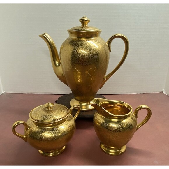 Wheeling WV Tea Pot Creamer & Sugar Vintage Gold Set MCM 22ct Gold Paint Elegant